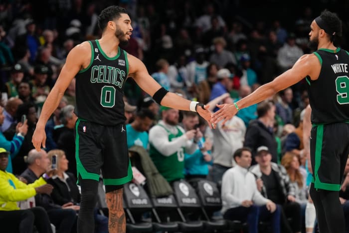 Boston Celtics forward Jayson Tatum, guard Derrick White